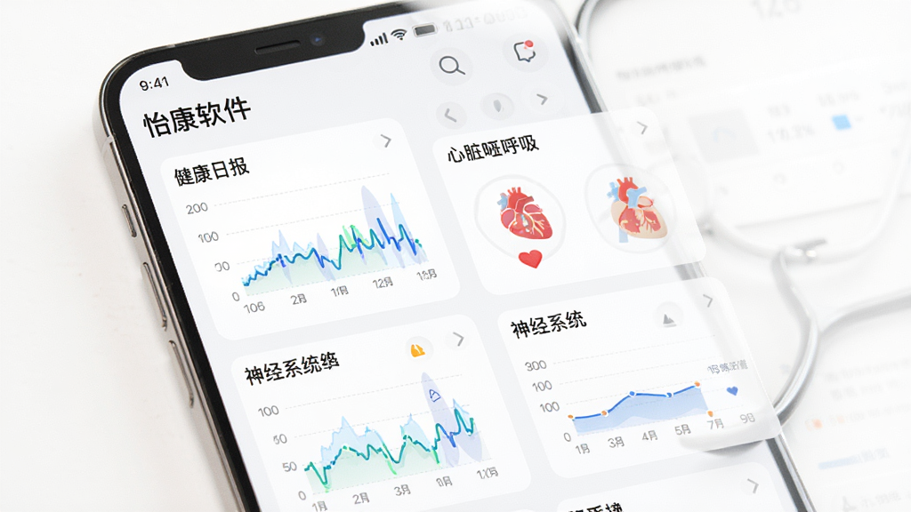 怡康软件界面展示,手机屏幕显示健康日报和心脏、呼吸、睡眠、神经系统四大模块数据图表,干净简洁的白色背景,现代医疗风格,高清画质,无多余元素