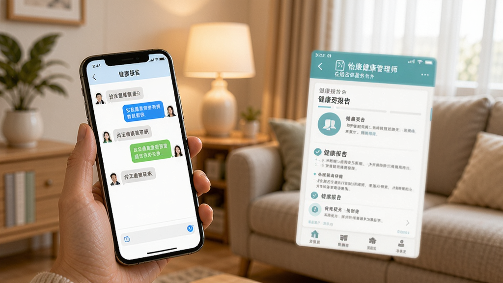 怡康健康管理师在线咨询服务场景,手机屏幕显示聊天界面和健康报告,温馨的居家环境,柔和光线,高清画质,干净构图