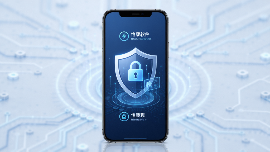怡康软件安全认证与隐私保护概念图,手机屏幕显示盾牌和数据加密图标,蓝色科技背景,简洁干净,高清画质