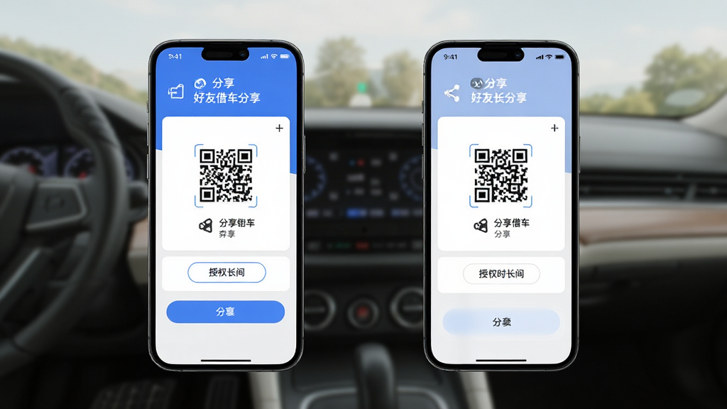 奔腾数字钥匙 好友借车分享界面图,主体为手机分享数字钥匙给另一部手机,布局左右分布,排版直观,风格简约生活化,细节展示分享二维码与授权时长,画质高清,干净,无多余元素