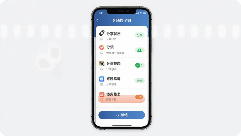 奔腾数字钥匙 钥匙管理列表图,主体为手机应用管理页面,布局纵向列表,排版规整,风格商务简洁,细节展示分享状态与撤销按钮,画质高清,干净,无多余元素
