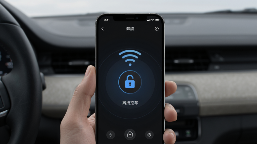 奔腾数字钥匙 离线控车场景图,主体为手机与汽车蓝牙连接界面,布局居中,排版简洁,风格科技写实,细节展示信号屏蔽环境下车门解锁图标,画质高清,干净,无多余元素