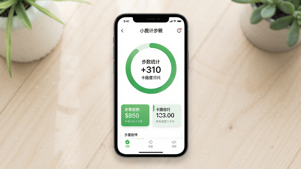 小鹿计步软件界面展示,主体为手机屏幕显示步数统计与卡路里消耗环形图,布局居中,排版清晰,风格清新简约,细节包含绿色健康主题色与数据卡片,画质高清,干净,无多余元素