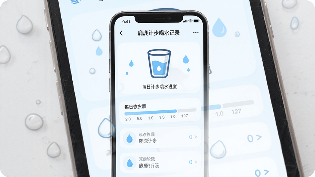 小鹿计步喝水记录页面,主体为手机屏幕显示水杯图标与每日饮水进度条,布局为纵向列表,排版简洁,风格清爽浅色,细节包含蓝色水滴元素与日期标签,画质高清,干净,无多余元素