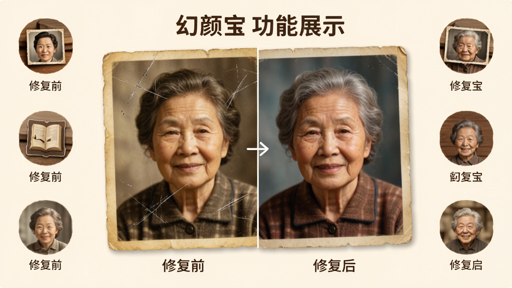 幻颜宝功能展示图,主体为一张老照片正在被AI修复上色的过程,布局为中心大图加四周小图标环绕,排版突出修复前与修复后对比,风格为温馨怀旧色调,细节包含发黄照片逐渐变彩色、划痕消失、人物面部变清晰,画质高清干净无多余元素