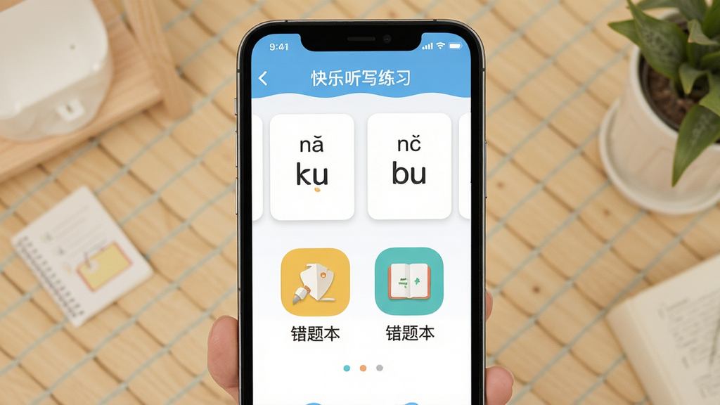 快乐听写软件界面展示,主体为手机屏幕中显示听写练习页面,布局居中,排版简洁,风格清新明快,细节包括拼音卡片、英语单词和错题本图标,画质清晰,干净,无多余元素
