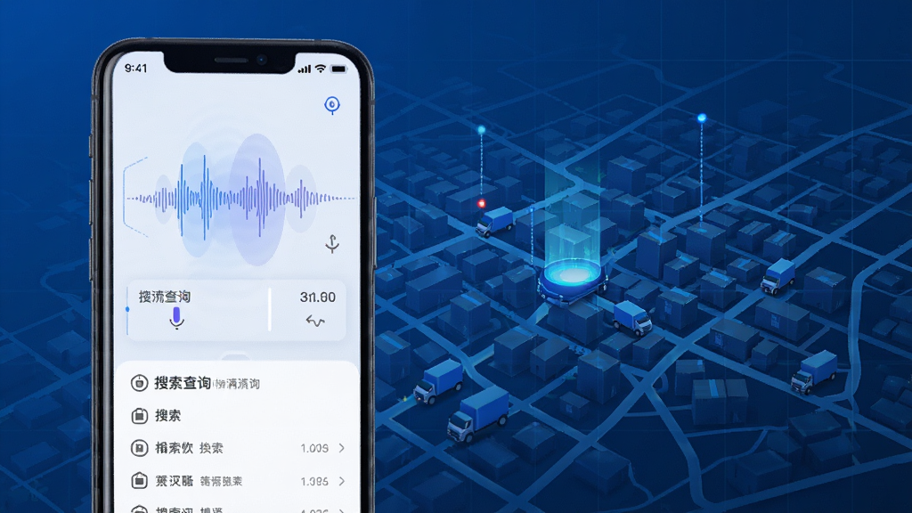 物满满APP语音查询功能示意图,手机屏幕显示语音输入波纹和搜索结果,背景为城市物流地图,科技感风格,蓝色调,干净无多余元素,高清画质