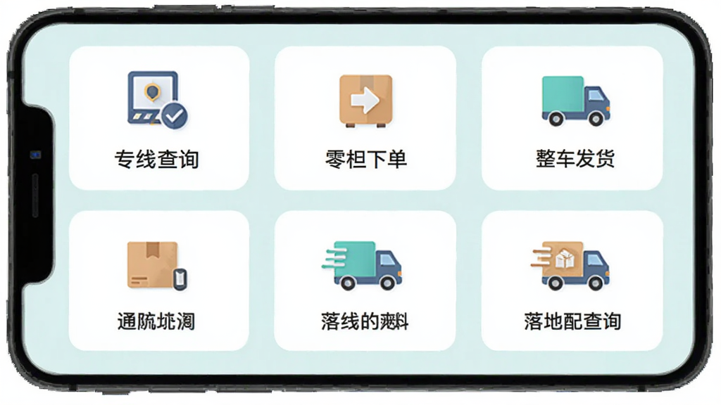 物满满APP功能展示图,包含专线查询、零担下单、整车发货、落地配查询等多个图标模块,扁平化设计,清新浅色背景,布局整洁,高清画质