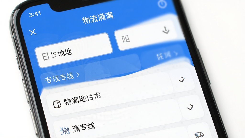 物满满APP物流专线查询界面截图,手机屏幕显示出发地目的地输入框和专线列表,简洁商务风格,蓝色主色调,干净无多余元素,高清画质