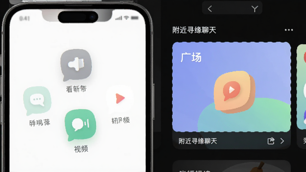 附近寻缘聊天界面截图风格,手机屏幕显示文字语音视频三个聊天图标,旁边有动态广场卡片,整体布局简洁,色彩柔和,画质清晰,干净无多余元素