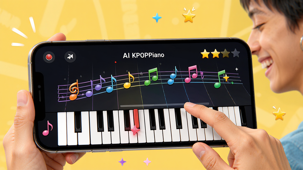 KPOPPianoӦ����AI�������棬��Ļ��ʾ������������ֶ������û��ֳ��ֻ�΢Ц���࣬����Ϊ�ֻ���Ļ���������ƣ����־��У����������죬ϸ�ڰ�����ɫ������÷����ǣ����ʸ���ɾ����޶���Ԫ��