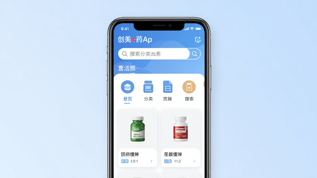 ����eҩAPP��ҳչʾҩƷ�����������棬�ֻ���Ļ���У�����Ϊǳ��ɫ���䣬�����������Ű��࣬���Ϊ�ִ������ƽ����ϸ�ڰ��������򡢷���ͼ�ꡢ��Ʒ��Ƭ�����ʸ��壬�ɾ����޶���Ԫ��