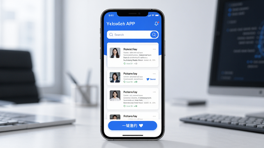 Ӣ����ҵ��APP����չʾ������Ϊ�ֻ���Ļ����ʾ���������б�������Ϊ����չʾ�ֻ��������Ű��࣬���Ϊ�ִ�����Ƽ��磬ϸ�ڰ�����ɫ����ɫ��������Ƭ��������һ����Լ��ť�������������ɾ����޶���Ԫ��