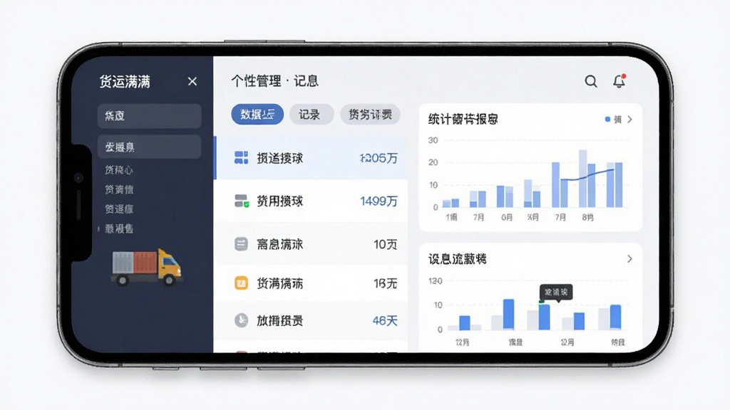 货运满满帮应用界面展示个性化信息管理面板,主体为手机屏幕,布局左右分栏,排版整齐,风格简约商务,细节包括分类标签、记录列表、统计图表,画质清晰干净无多余元素
