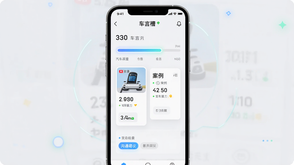 车言槽应用界面展示,主体为手机屏幕显示汽车质量投诉进度追踪页面,布局居中,排版简洁,风格现代科技感,细节包含进度条、案例卡片和沟通建议标签,画质清晰,干净,无多余元素