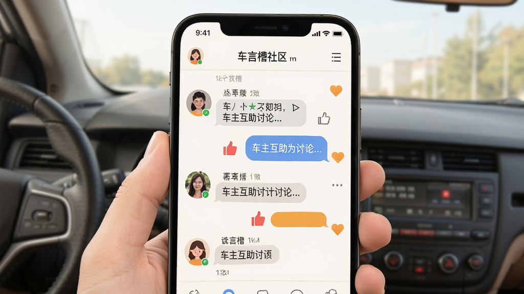 车言槽社区互动场景,主体为手机屏幕显示车主互助讨论区,布局为上下结构,排版清晰,风格温暖友好,细节包含用户头像、对话气泡和点赞图标,画质清晰,干净,无多余元素