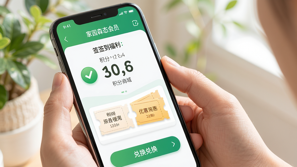 ��԰ɭ̬��Ա���ֻ��˲鿴ǩ������������̳ǣ�����Ϊ�ֳ��ֻ�չʾ����ҳ�棬����Ϊ�����ֲ�����Ļ���Ű�ͻ������������һ���ť��������������ϸ�ڰ�����ɫ����ͼ�����Ż�ȯ��Ƭ�����������ɾ��޶���Ԫ��