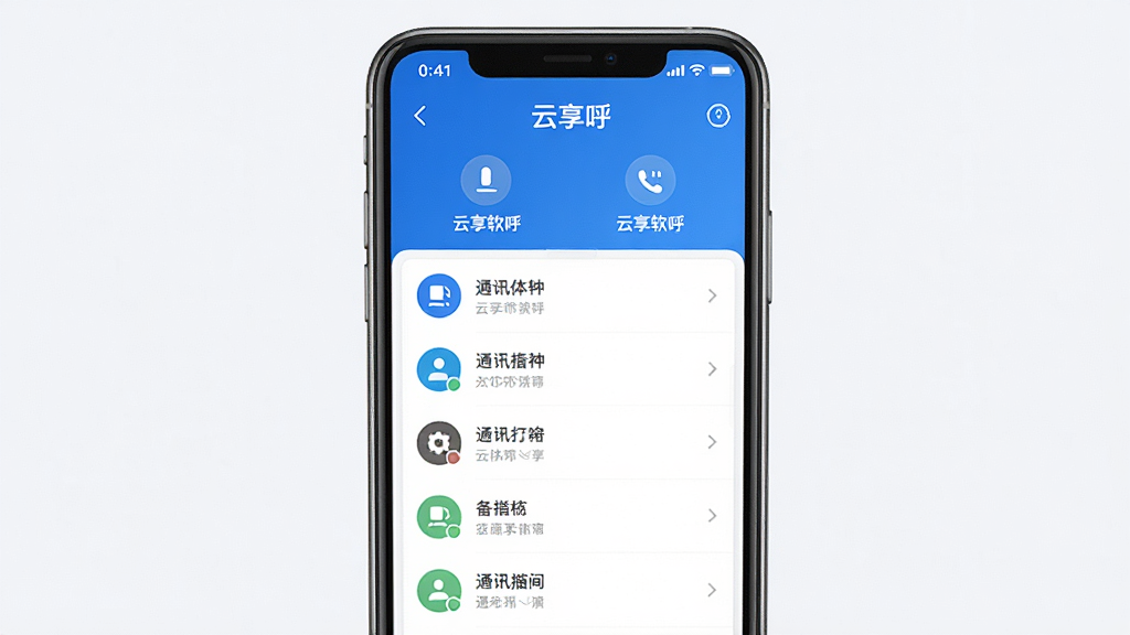 云享呼软件界面展示,主体为手机屏幕中显示通话与通讯录列表,布局居中,排版简洁,风格现代商务,细节包含蓝色主题图标和清晰文字标签,画质干净无多余元素