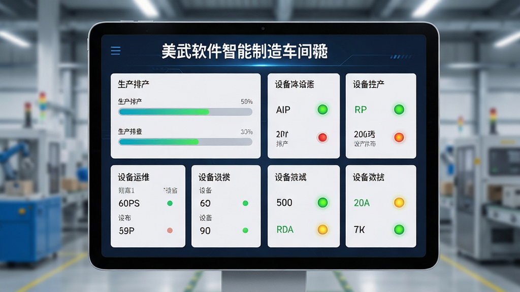 美武软件智能制造车间看板界面,主体为平板设备显示生产排产与设备运维数据,布局上方标题下方卡片列表,排版清晰,风格工业科技,细节包含进度条与设备状态灯,画质干净无多余元素