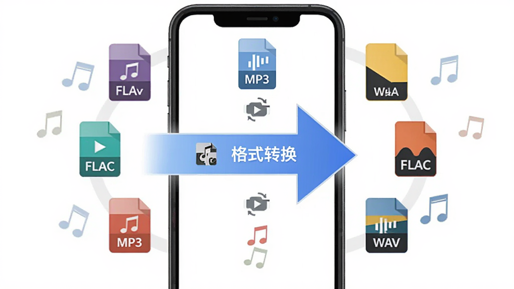 ��Ƶƴ��������ʽת������չʾͼ�������������ֻ���Ļ��ʾMP3��WAV��FLAC�ȸ�ʽͼ�껷�����У�����ͻ����ʽת����ͷ�����ֶԳƣ��Ű�����������ƽ����ƣ�ϸ����������ת����ʶ�����ʸɾ����޶���Ԫ��