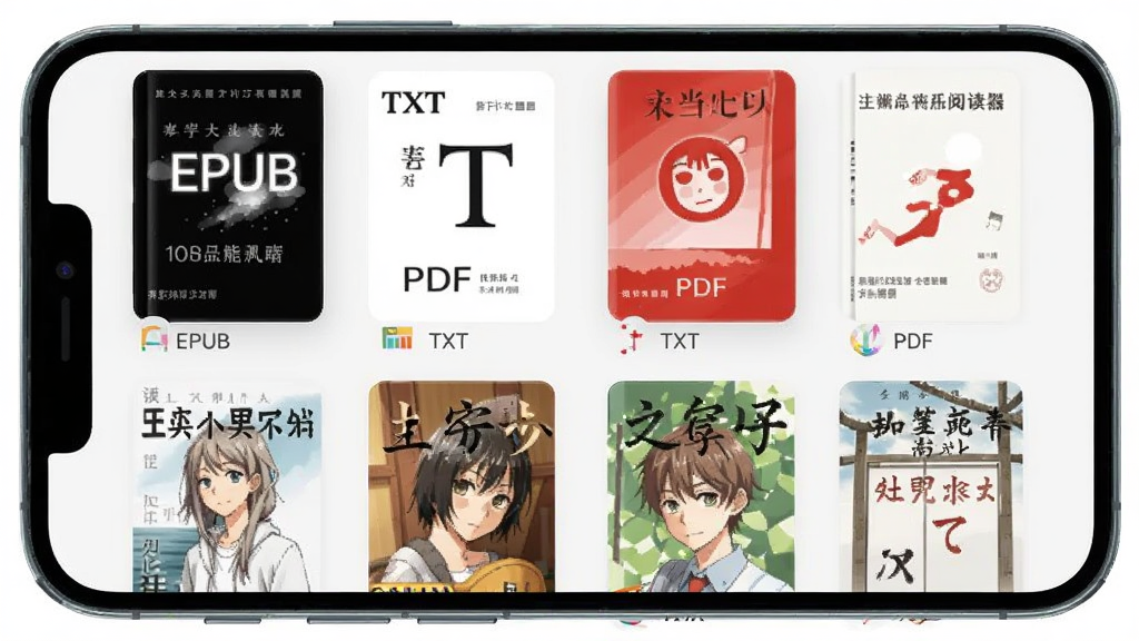漫画小说阅读器多格式支持界面展示,手机屏幕中排列着EPUB、TXT、PDF等格式书籍封面,浅色背景,整洁布局,扁平化风格,细节清晰,高清画质,干净无多余元素