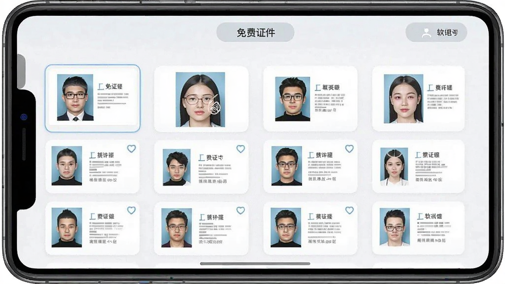 免费证件 软件界面 展示多种证件照尺寸选项 排版整齐 风格简洁 画质清晰 干净无多余元素