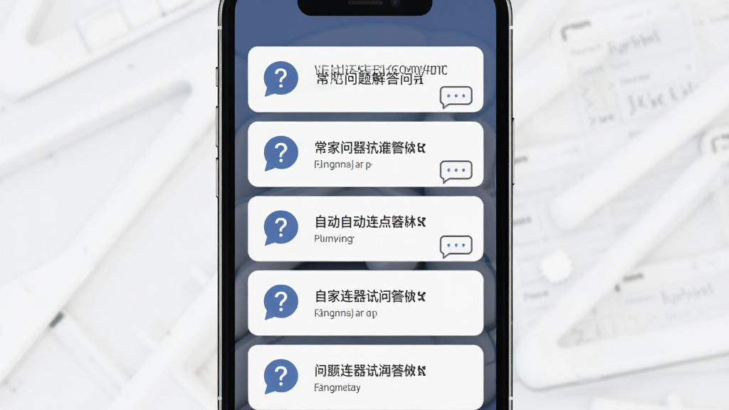 自动连点器专家常见问题解答示意图,主体为手机屏幕显示问答列表,布局垂直排列,排版清晰,风格简约现代,细节包含问号和对话气泡图标,画质清晰,干净,无多余元素