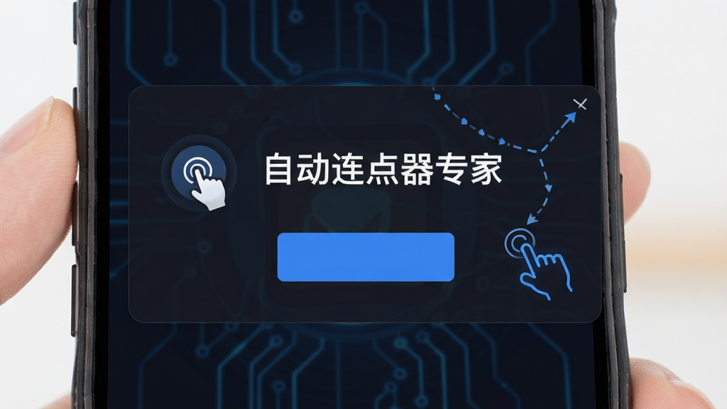 手机屏幕显示自动连点器专家悬浮窗,主体为深色背景搭配蓝色按钮和白色文字