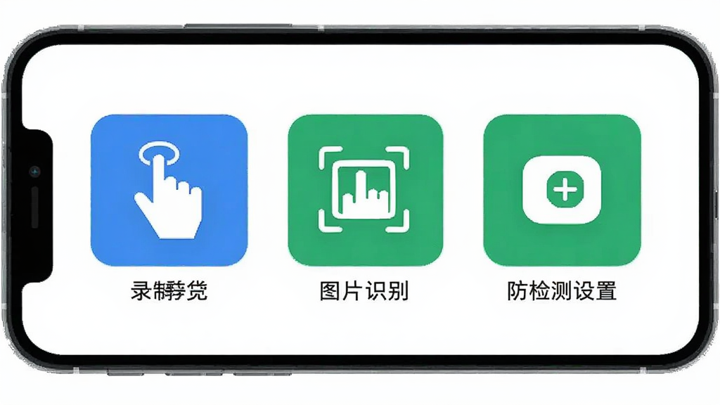 自动连点器专家功能展示图,主体为手机界面包含录制手势、图片识别、防检测设置三个模块图标,布局横向排列,排版整齐,风格扁平化设计,细节包含蓝色和绿色图标配色,画质清晰,干净,无多余元素