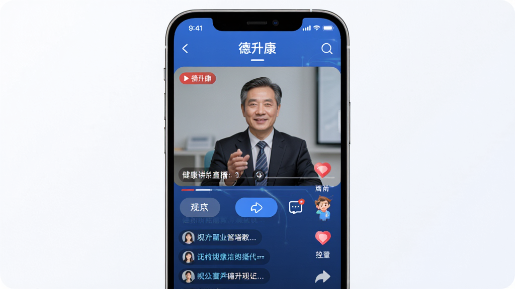 德升康APP直播界面展示,主体为手机屏幕中播放健康讲座直播,布局为居中大屏展示,排版简洁,风格现代科技感,细节包括高清画质、互动按钮、观众评论滚动,画质清晰,干净,无多余元素