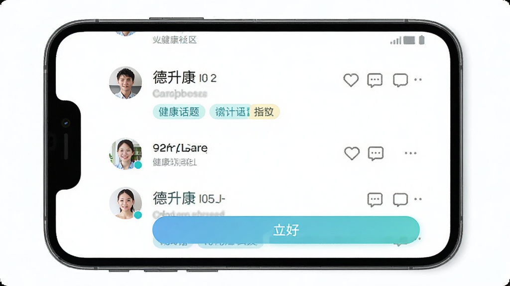 德升康APP健康社区界面,主体为手机屏幕中展示社区帖子列表与互动按钮,布局为上下结构,排版清晰,风格清新简约,细节包括用户头像、点赞评论图标、健康话题标签,画质清晰,干净,无多余元素