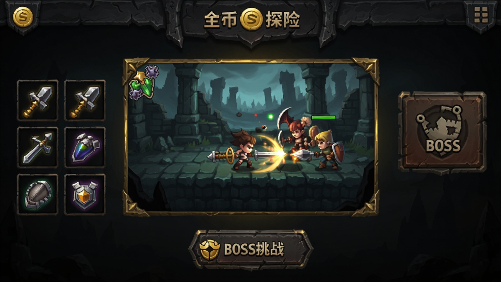 ���̽����Ϸ�����棬���ڼ�Ԫ����м�Ϊ��ɫ�һ�ս�����棬���ֲܷ�װ������BOSS��ս��ť����ɫ���������ɫ��Ч���Ű����������ʸɾ����޶���Ԫ��