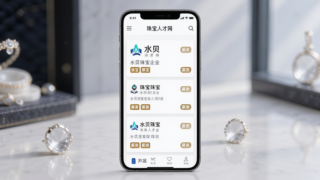 �鱦�˲��� �ֻ�Ӧ�ý���չʾ������Ϊһ�������ֻ�����Ļ��ʾ�鱦��ҵ��Ƹְλ�б�������Ϊ���湹ͼ���Ű������������Ϊ�ִ�����Ƽ��磬ϸ�ڰ���ˮ���鱦��ҵlogo��ְλ��Ƭ��н�ʱ�ǩ�����ʸ��壬�ɾ����޶���Ԫ�ء�