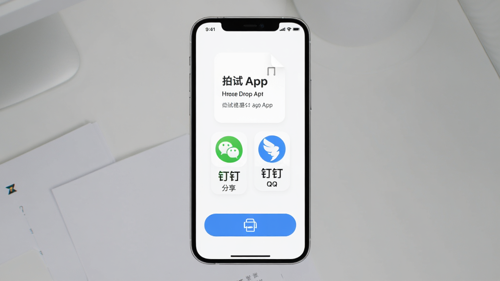 拍试卷App分享与打印功能界面,手机显示微信钉钉QQ分享图标和打印按钮,现代简洁设计风格,高清画质,干净无多余元素