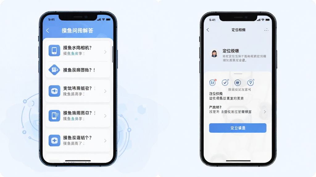 摸鱼水印相机常见问题解答示意图,手机屏幕显示问答列表和定位权限设置界面,风格为扁平化科技风,布局清晰,画质干净,无多余元素