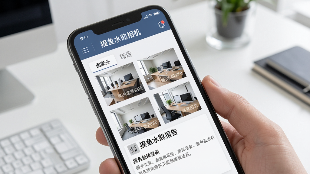 摸鱼水印相机工作汇报生成界面,手机屏幕显示自动生成的图文报告,包含多张带水印照片和文字说明,布局整洁,风格为现代办公,画质清晰,干净无多余元素