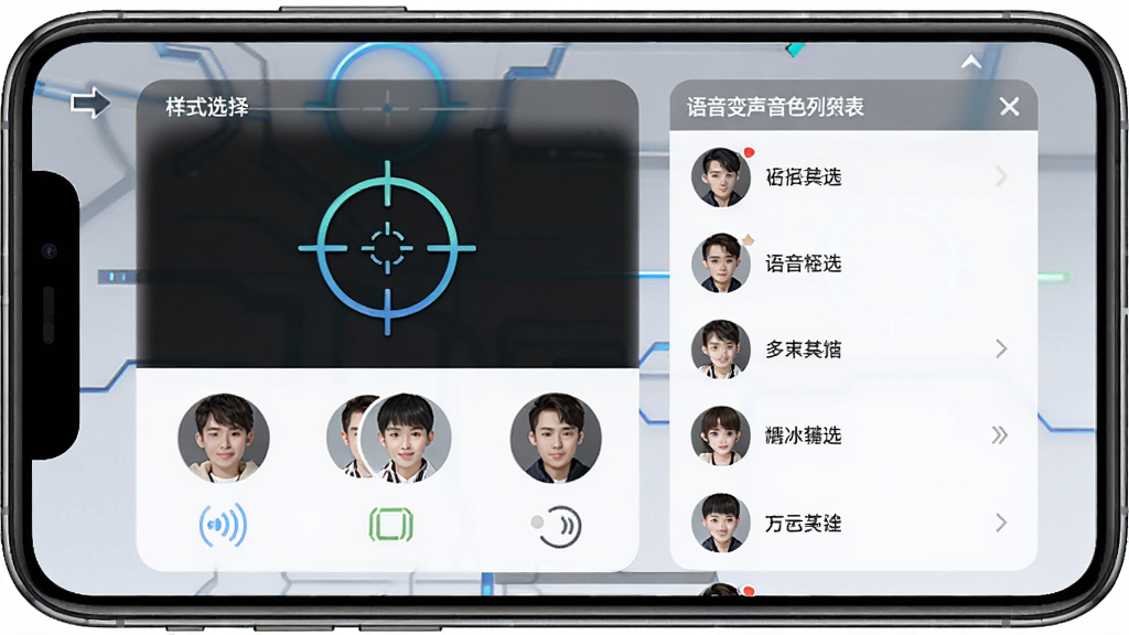 手游万能辅助器软件主界面,展示准心样式选择面板和语音变声音色列表,主体为手机屏幕截图,布局清晰,排版简洁,风格科技感,细节包含准心图标和音色头像,画质高清,干净,无多余元素