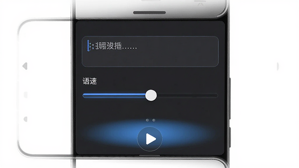 手游万能辅助器文字转语音功能界面,展示输入框和语速音量调节滑块,主体为手机应用界面,布局竖向排列,排版工整,风格简约现代,细节包含文字输入区域和播放按钮,画质清晰,干净,无多余元素