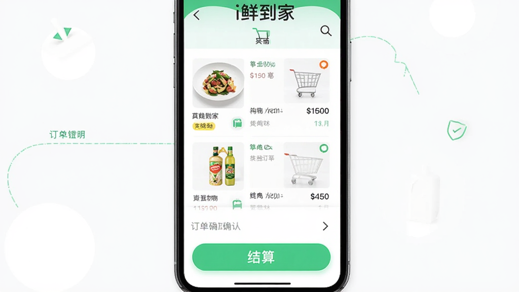 i�ʵ���Ӧ�ò������棬����Ϊ�ֻ���Ļչʾ���ﳵ�Ͷ���ȷ��ҳ�棬����Ϊ�Ϸ���Ʒ�б��·����㰴ť���Ű����룬����Լ���죬ϸ�ڰ�����Ʒ����ͼ�ͼ۸��ǩ�������������ɾ��޶���Ԫ��