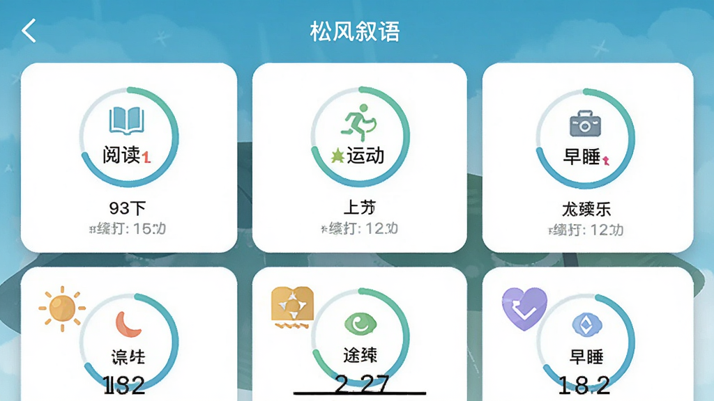 松风叙语APP主界面截图,画面中央展示多个习惯打卡卡片,包括阅读、运动、早睡等图标,布局为纵向列表排版,风格清新简约,细节包含圆形进度条与连续打卡天数,画质清晰,干净无多余元素