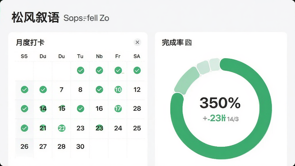 松风叙语数据统计页面,主体为月度打卡日历与完成率环形图,布局采用上下结构,排版整齐,风格现代扁平化,细节包含绿色对勾标记与百分比数字,画质高清,干净无多余元素