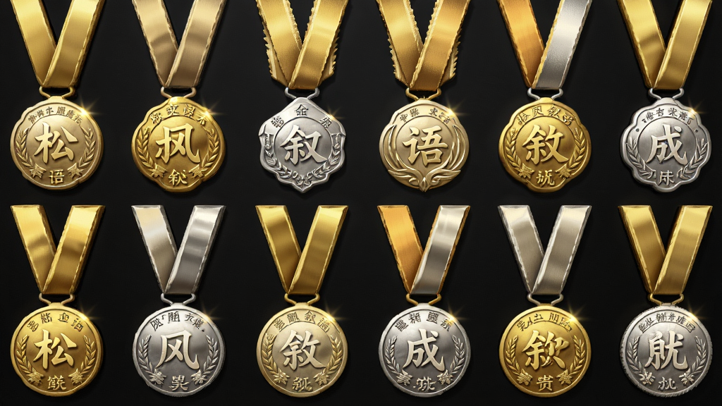 松风叙语成就勋章墙,画面展示多枚金色与银色勋章排列在深色背景上,布局为网格状,排版居中,风格精致有质感,细节包含勋章上的文字与光泽效果,画质锐利,干净无多余元素