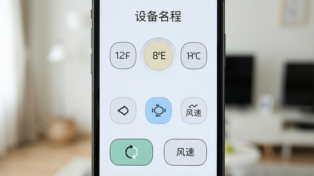 遥控器万能助手软件界面截图,手机屏幕显示空调遥控面板,布局为顶部设备名称,中部温度调节按钮和模式切换图标,底部有开关和风速按键,风格简洁清新,细节清晰,画质干净,无多余元素