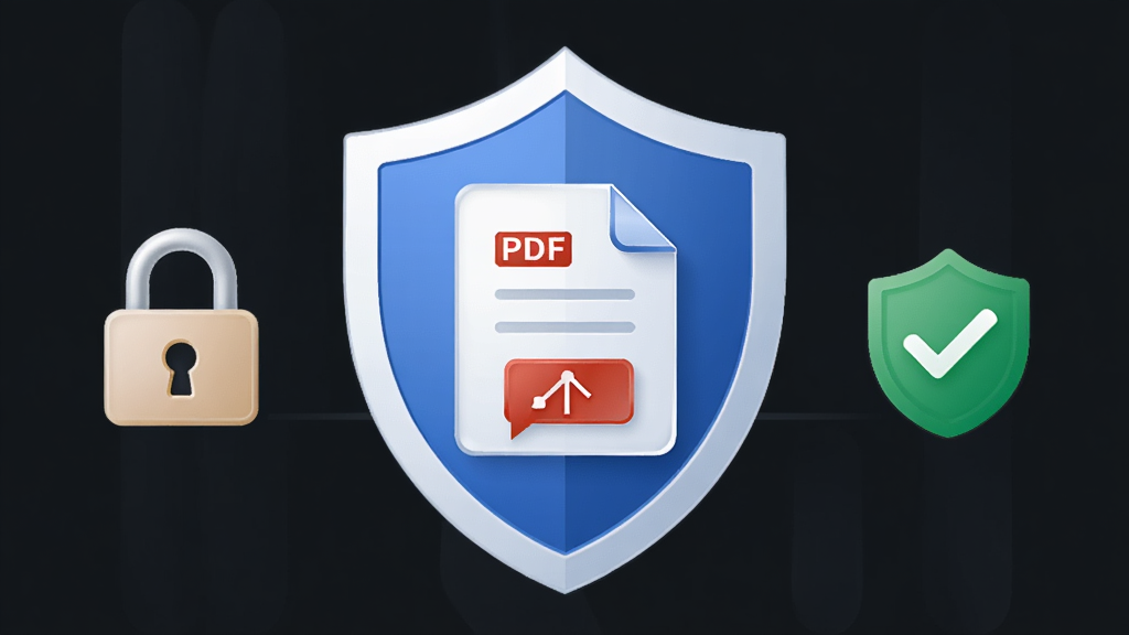 迅捷PDF转换器安全防护概念图,主体为盾牌与文档图标结合,布局居中,排版对称,风格简约商务,细节包含锁形图标、PDF文件、绿色安全标识,画质清晰,干净,无多余元素