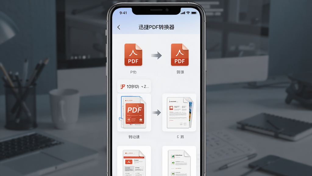 迅捷PDF转换器手机应用界面展示,主体为手机屏幕显示PDF转换功能列表,布局居中,排版简洁,风格现代科技感,细节包含PDF图标、转换箭头、文档预览缩略图,画质清晰,干净,无多余元素