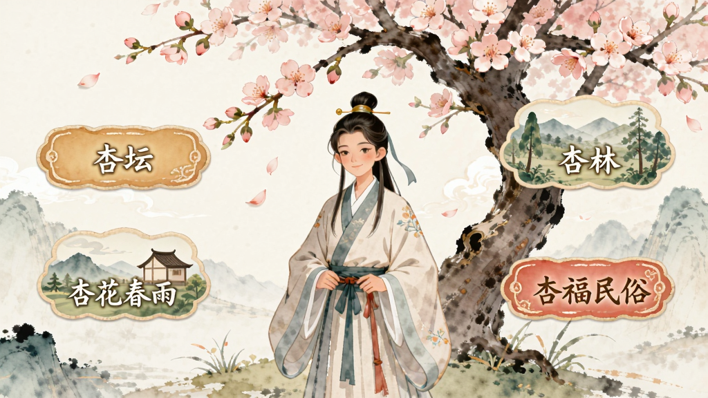 岁岁杏安康游戏主界面,画面中央一位身着古装的杏林小仙站在杏花树下,四周分布杏坛、杏林、杏花春雨、杏福民俗四个入口按钮,整体风格清新淡雅,中国风水彩画风,布局简洁明了,画质干净,无多余元素