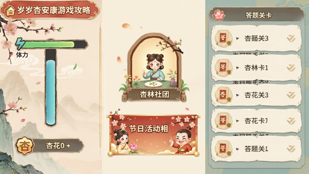 岁岁杏安康游戏攻略界面,画面左侧显示体力条和杏花币数量,右侧是答题关卡列表,中间有杏林社团入口和节日活动横幅,整体布局清晰,中国风UI设计,色彩柔和,画质干净,无多余元素