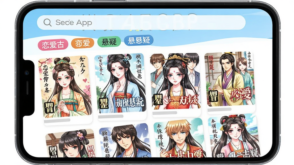 女神漫画APP界面展示,主体为手机屏幕中显示漫画分类页面,布局为顶部搜索栏加下方网格排列的漫画封面,排版整齐清晰,风格为清新简约的扁平化设计,细节包括恋爱古风悬疑等标签按钮和色彩鲜明的漫画缩略图,画质高清干净无多余元素