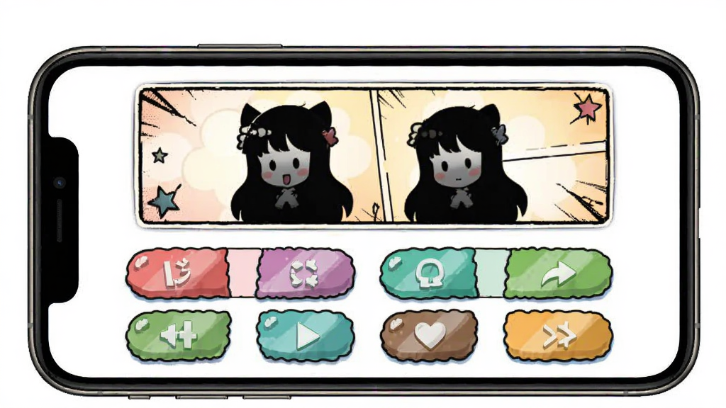 女神漫画APP内趣味互动板块界面,主体为手机屏幕中显示角色猜谜游戏画面,布局为上方题目区域加下方四个选项按钮,排版居中对称,风格为活泼可爱的卡通风格,细节包括漫画角色剪影和彩色按钮,画质清晰干净无多余元素