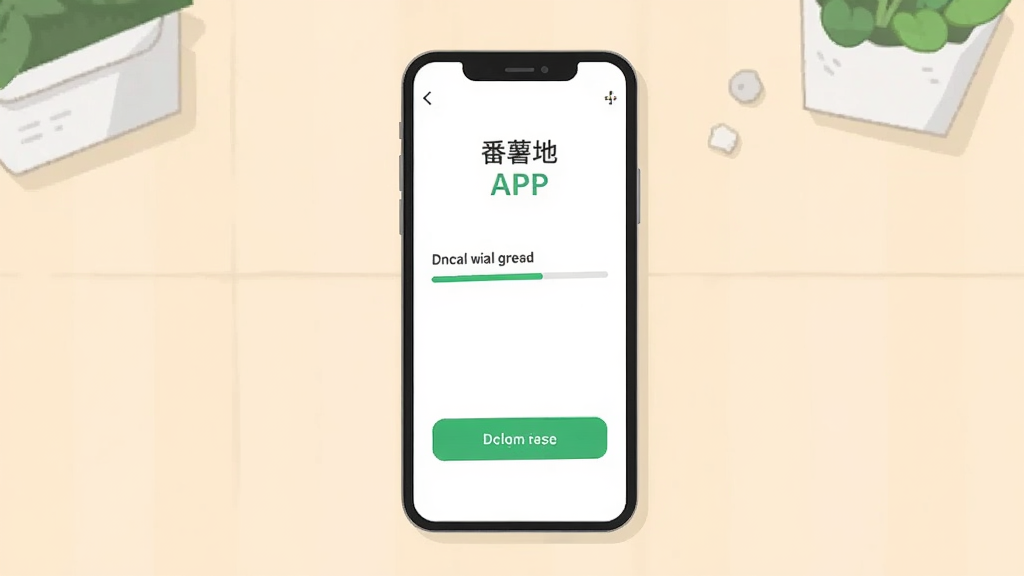 番薯地APP安装步骤示意图,手机屏幕显示下载进度条和安装按钮,背景是浅色桌面,风格简洁扁平,画质清晰,无多余装饰